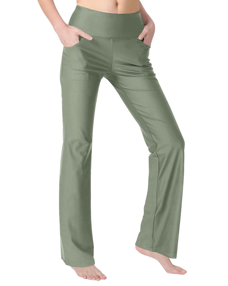 Zeronic Bootcut Yoga Pants for Women with Pockets High Waisted Workout Running Pants Tummy Control Long Bootleg Work Pants (Olive-Green, Medium) - Image 1